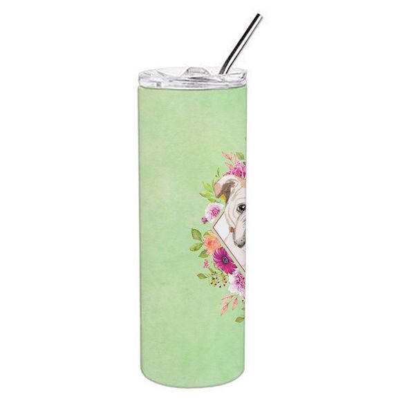 English Bulldog Green Flowers Stainless Steel 20 oz Skinny Tumbler - Picture 2 of 4